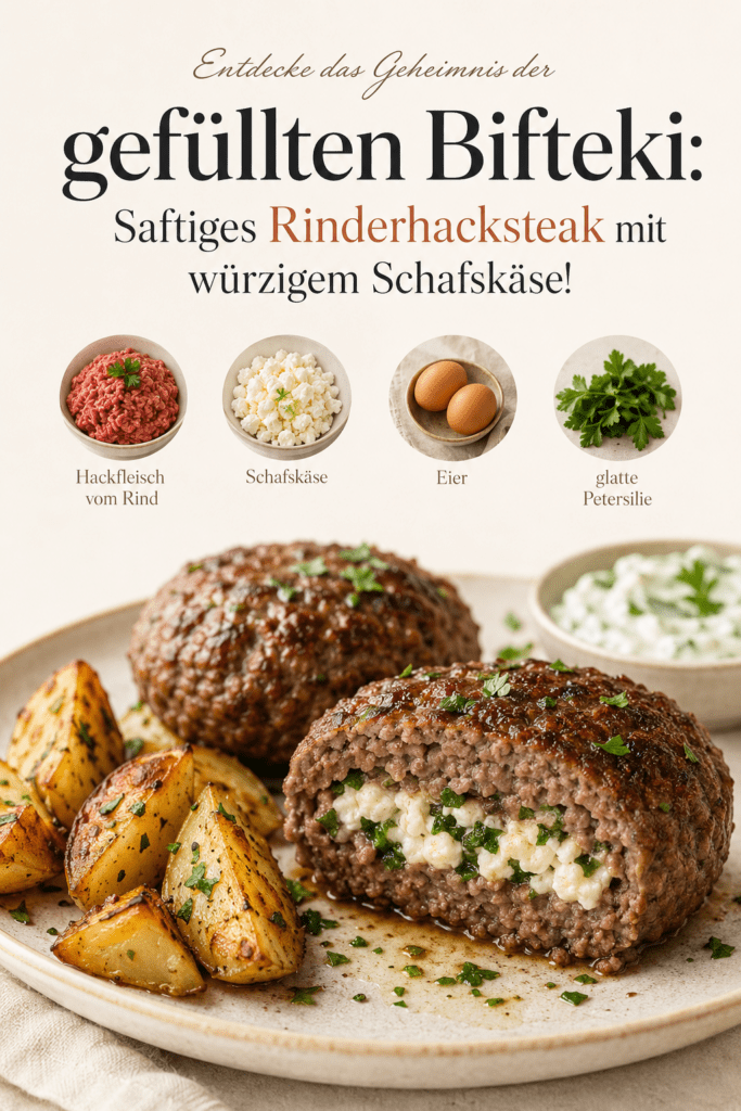 Entdecke das Geheimnis der gefüllten Bifteki: Saftiges Rinderhacksteak mit würzigem Schafskäse!