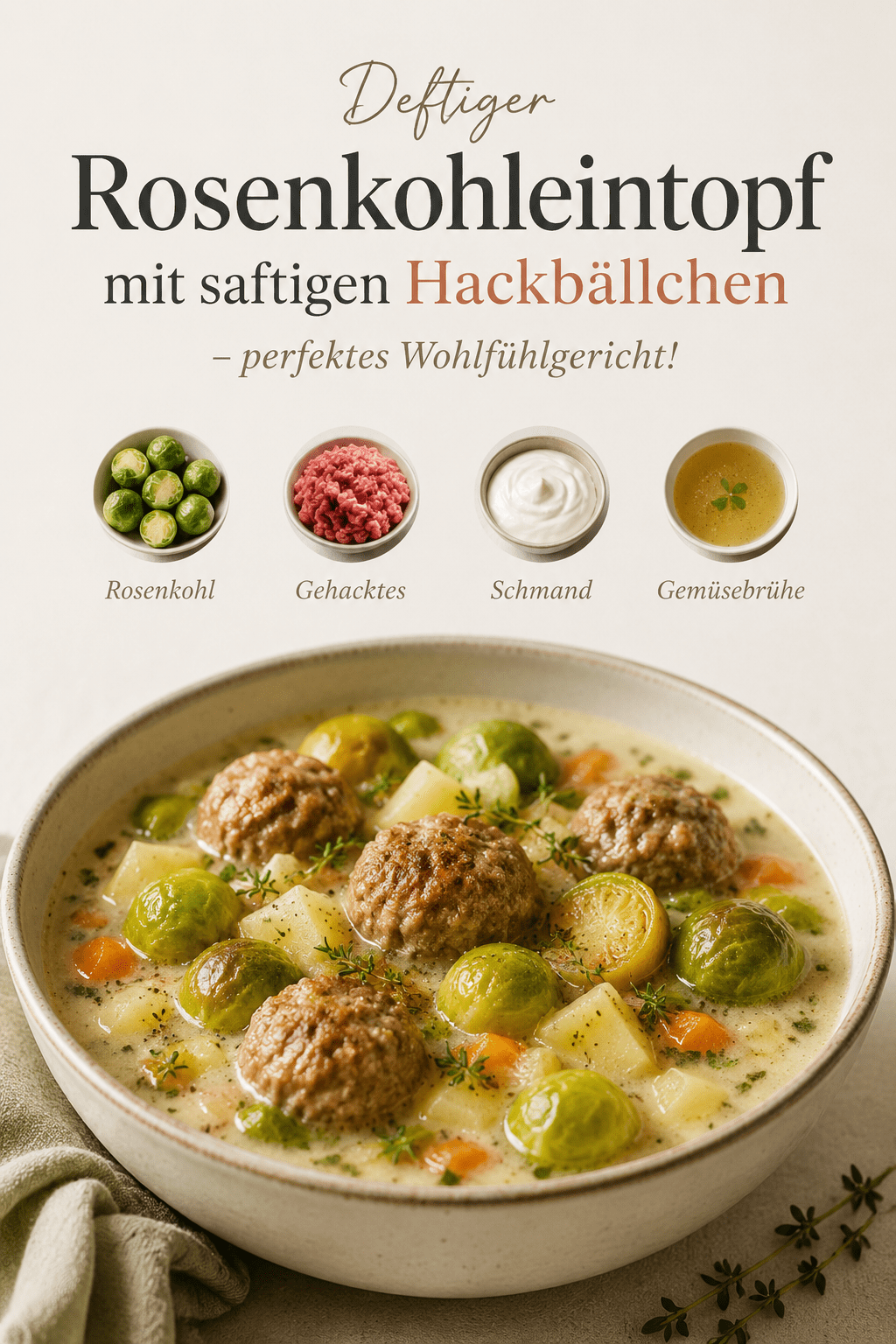 Deftiger Rosenkohleintopf mit saftigen Hackbällchen – perfektes Wohlfühlgericht!