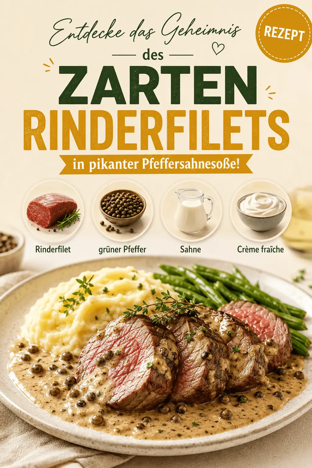 Entdecke das Geheimnis des zarten Rinderfilets in pikanter Pfeffersahnesoße!