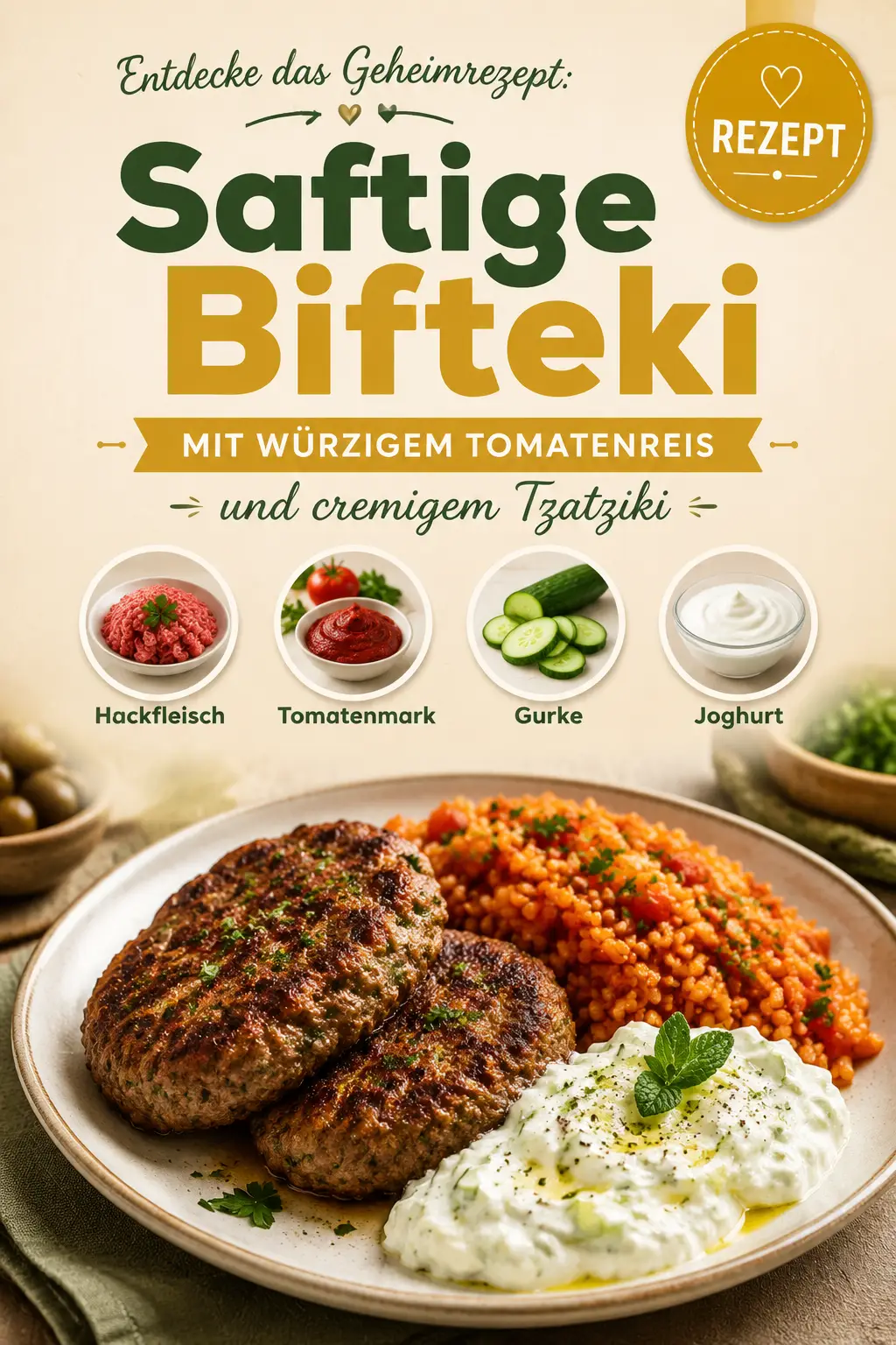 Entdecke das Geheimrezept: Saftige Bifteki mit würzigem Tomatenreis und cremigem Tzatziki