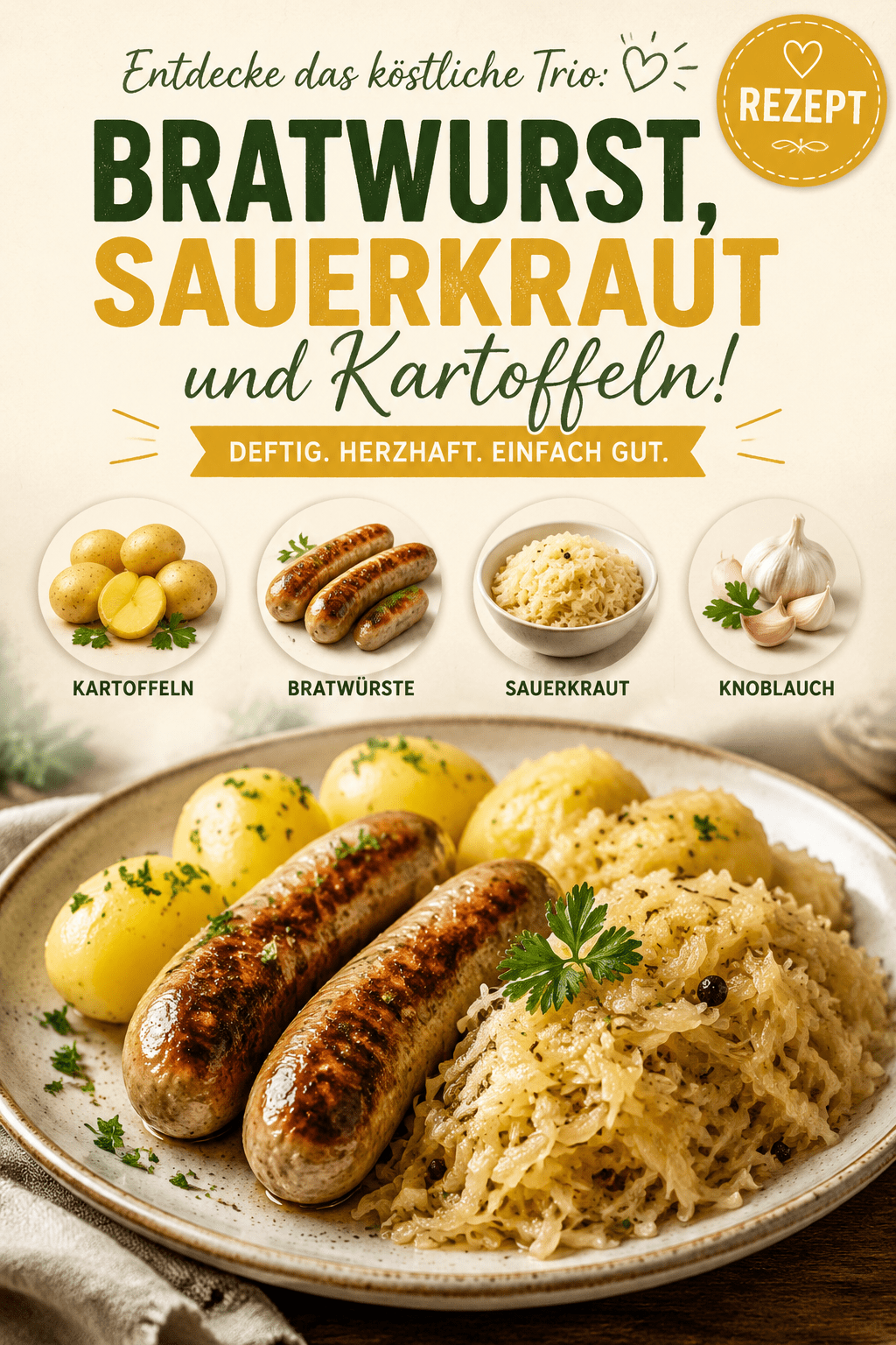 Entdecke das köstliche Trio: Bratwurst, Sauerkraut und Kartoffeln!