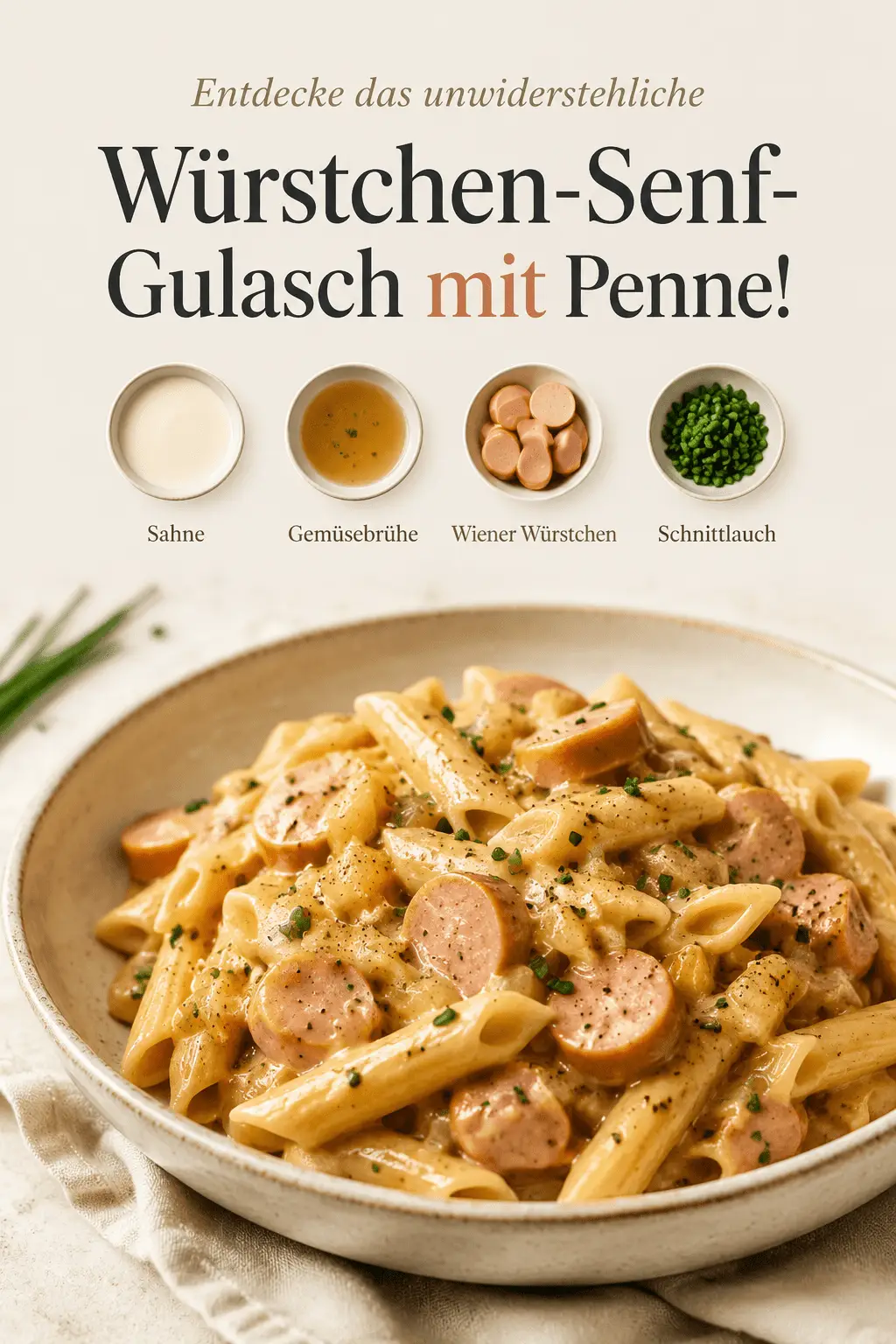 Entdecke das unwiderstehliche Würstchen-Senf-Gulasch mit Penne!