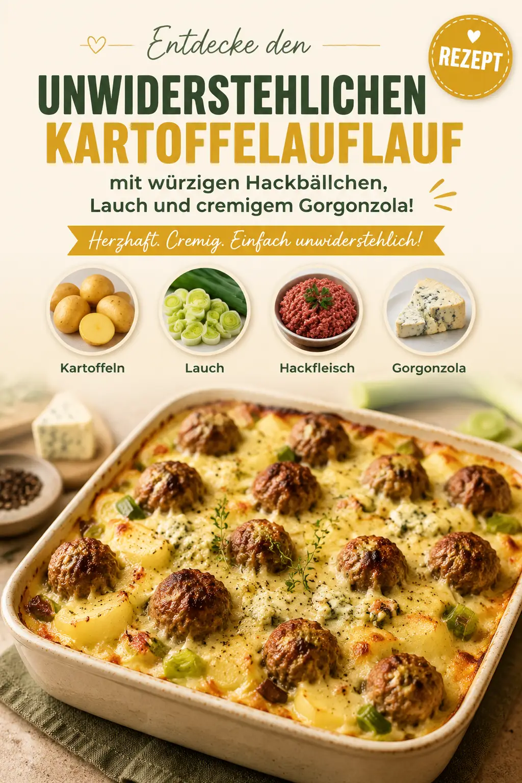 Entdecke den unwiderstehlichen Kartoffelauflauf mit würzigen Hackbällchen, Lauch und cremigem Gorgonzola!