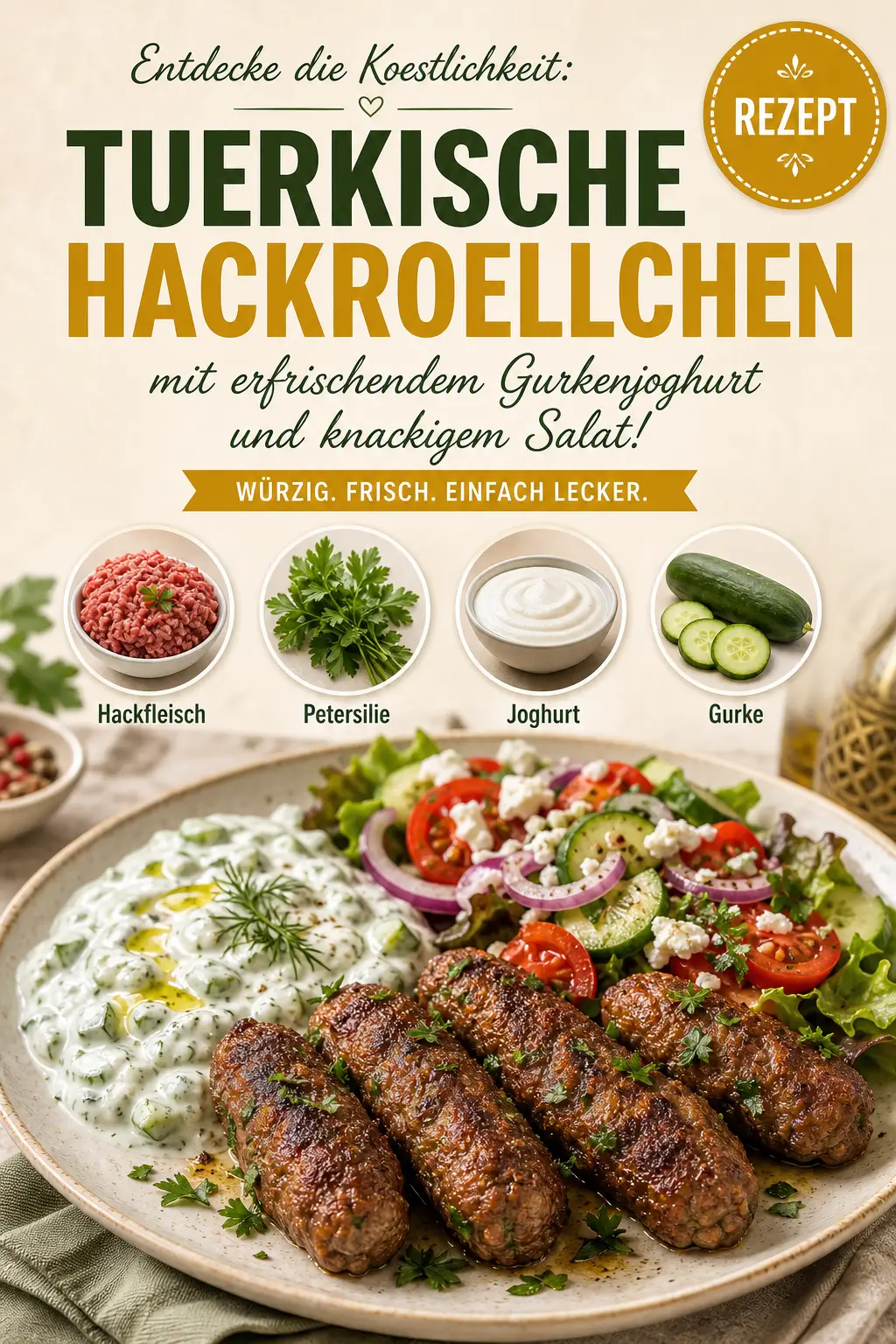 Entdecke die Köstlichkeit: Türkische Hackröllchen mit erfrischendem Gurkenjoghurt und knackigem Salat!