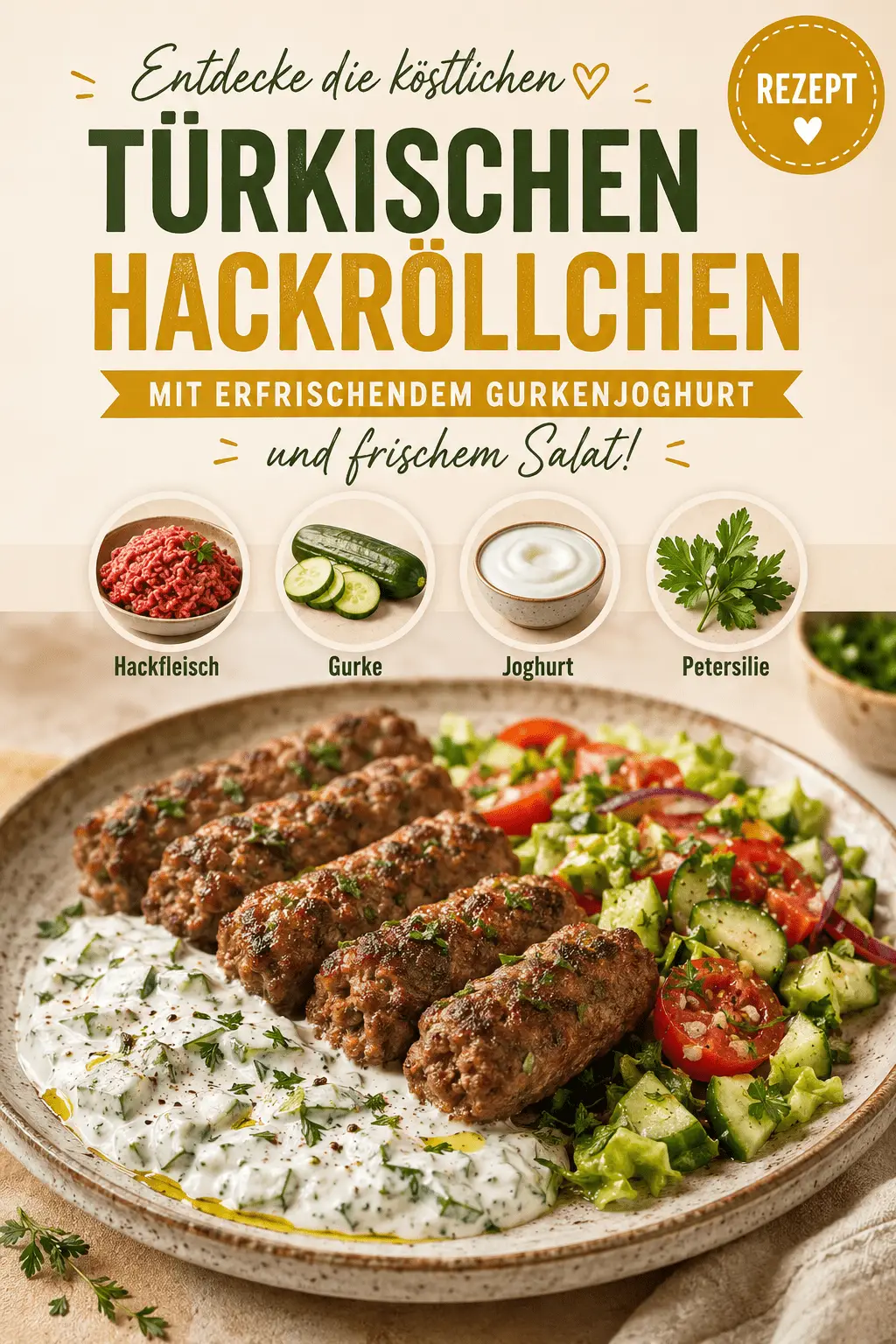 Entdecke die köstlichen türkischen Hackröllchen mit erfrischendem Gurkenjoghurt und frischem Salat!