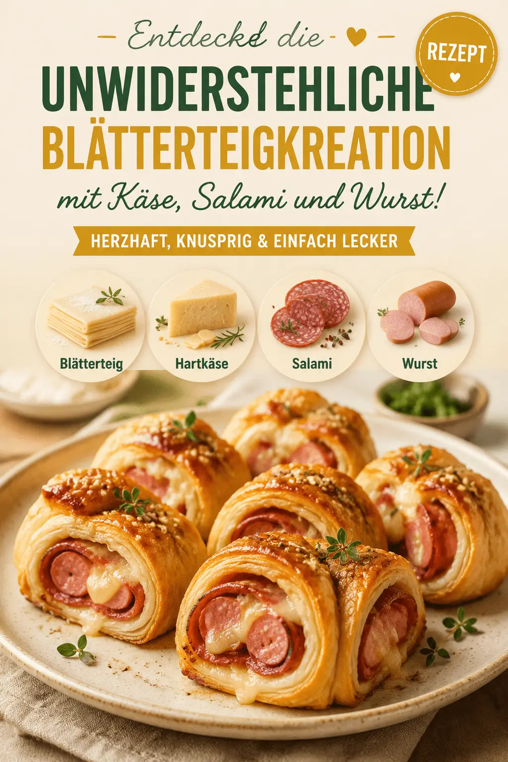 Entdecke die unwiderstehliche Blätterteigkreation mit Käse, Salami und Wurst!
