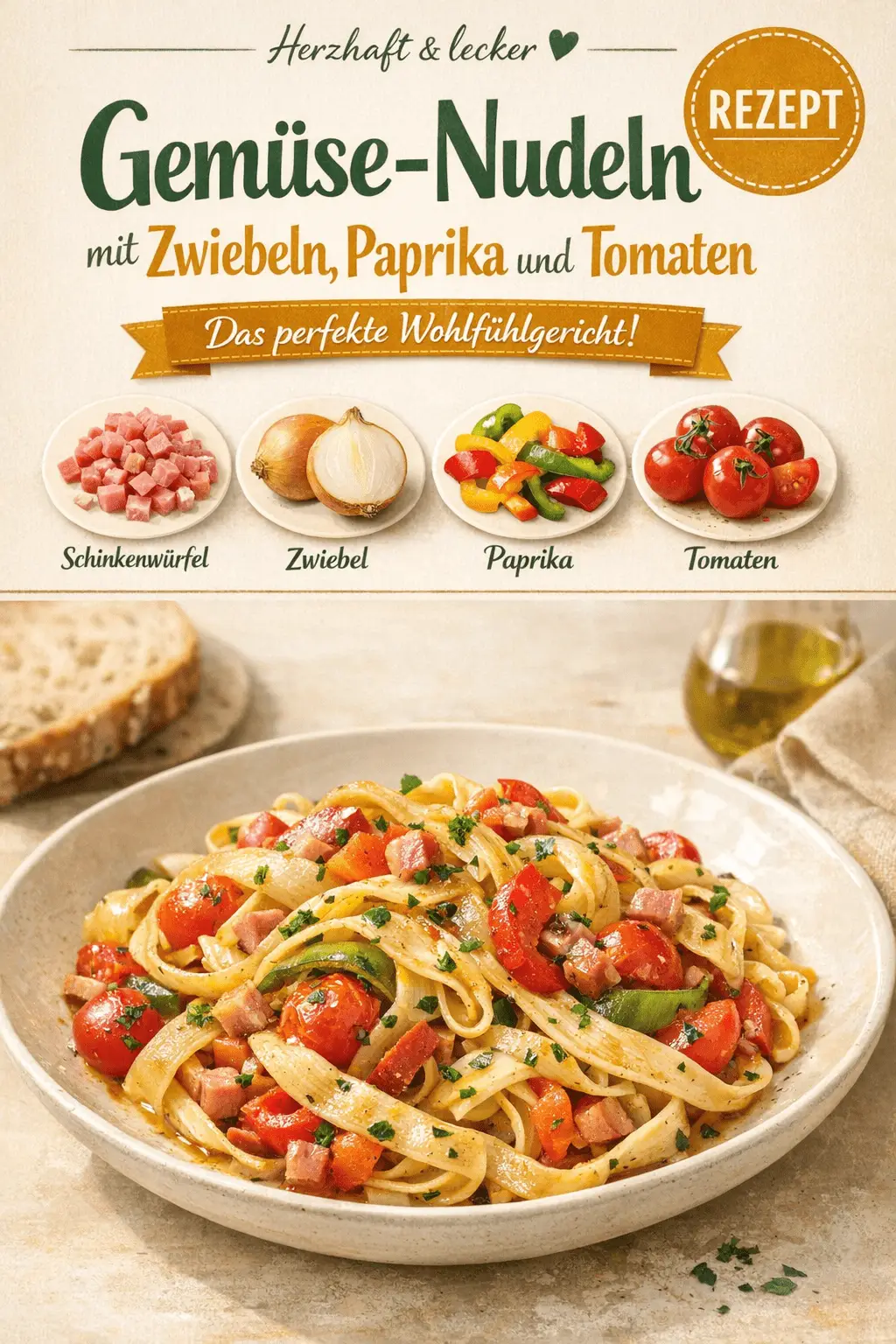 Gemüse-Nudeln mit Zwiebeln, Paprika und Tomaten: Das perfekte Wohlfühlgericht!