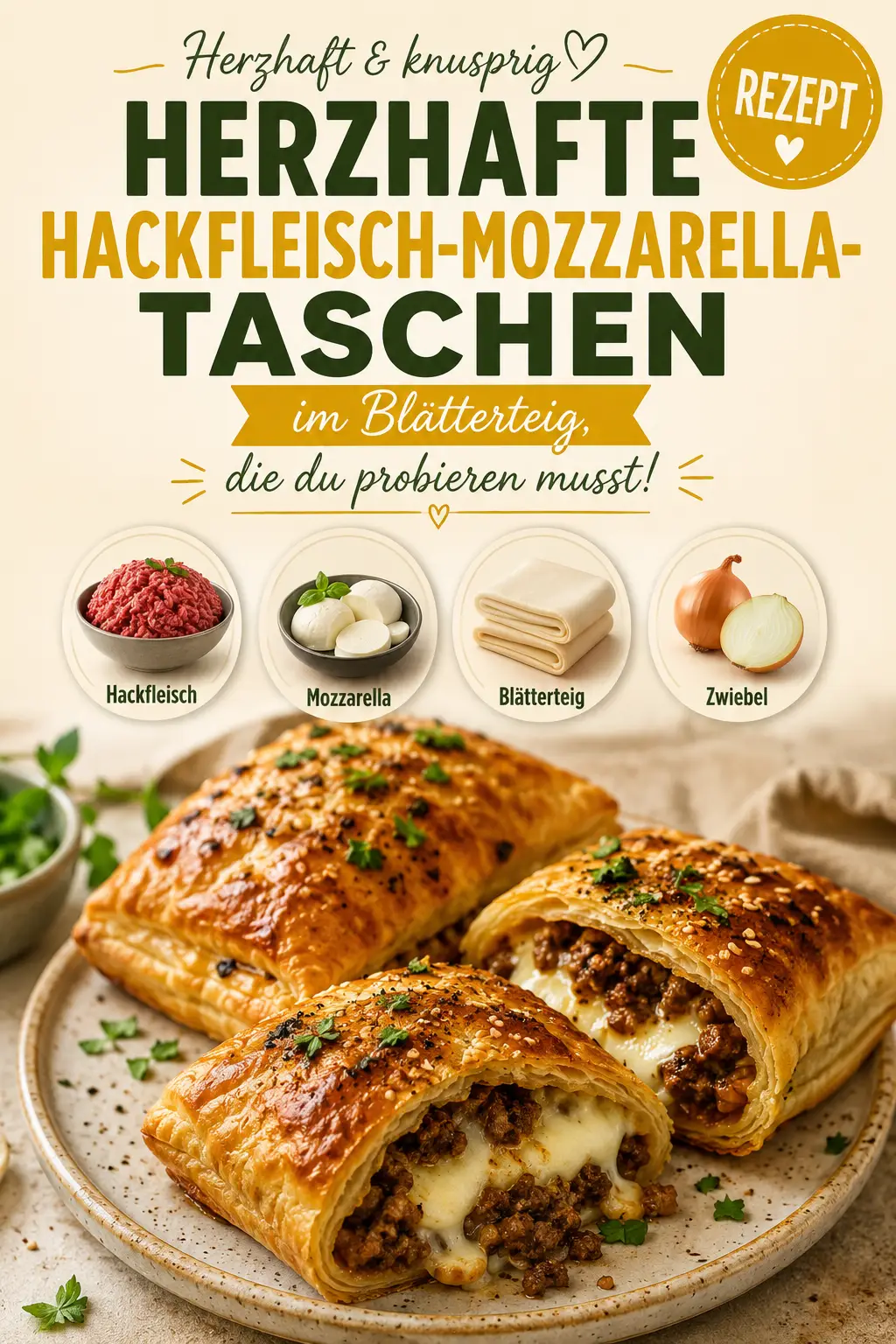 Herzhafte Hackfleisch-Mozzarella-Taschen im Blätterteig, die du probieren musst!
