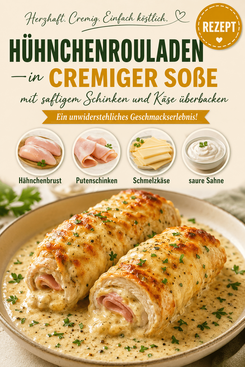 Hühnchenrouladen in cremiger Soße mit saftigem Schinken und Käse überbacken – Ein unwiderstehliches Geschmackserlebnis!