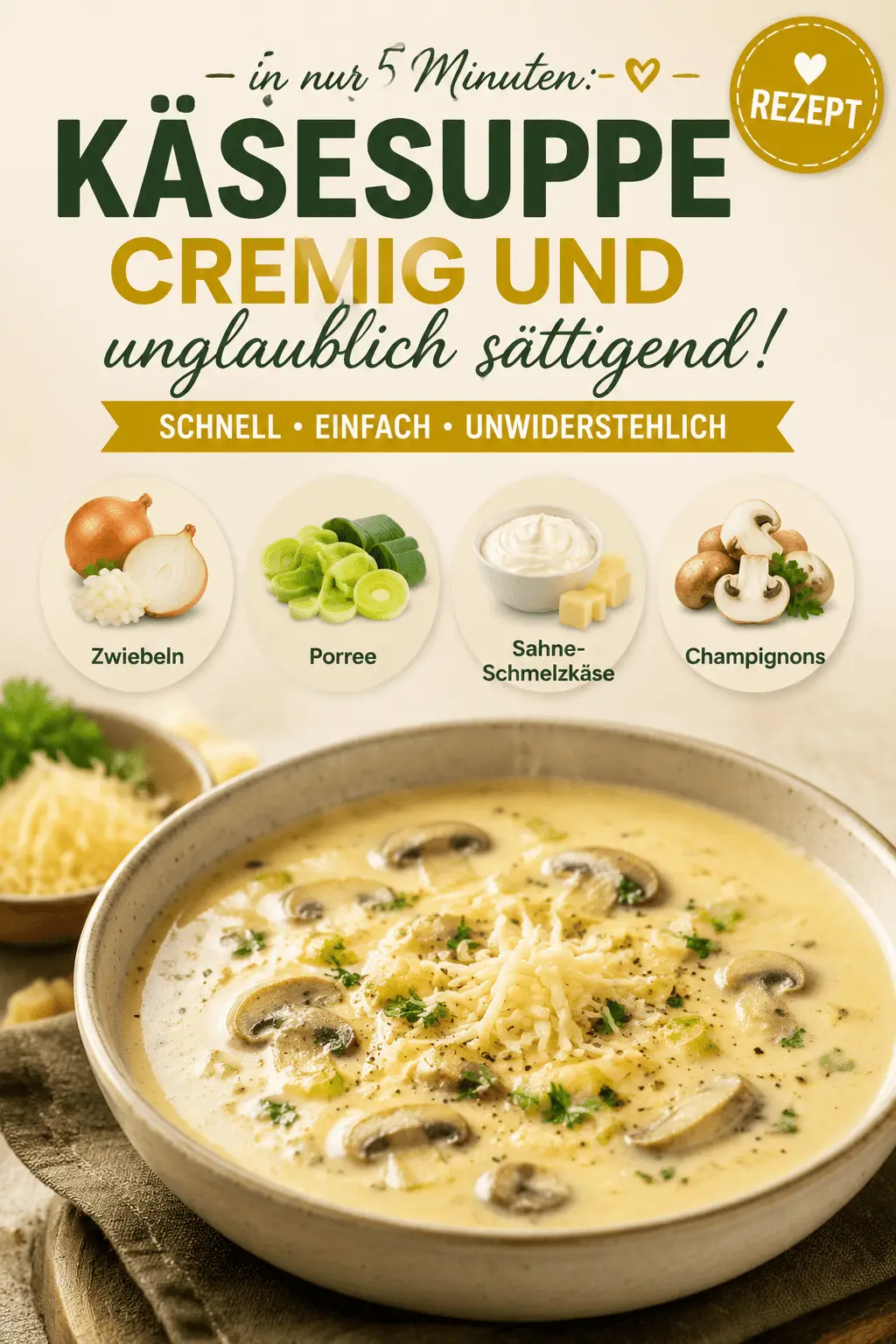 Käsesuppe in nur 5 Minuten: Cremig und unglaublich sättigend!