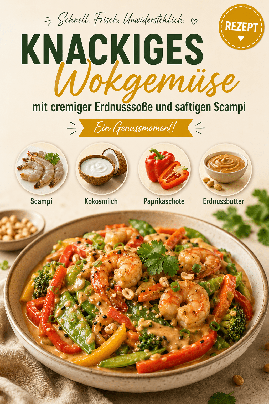 Knackiges Wokgemüse mit cremiger Erdnusssoße und saftigen Scampi – Ein Genussmoment!