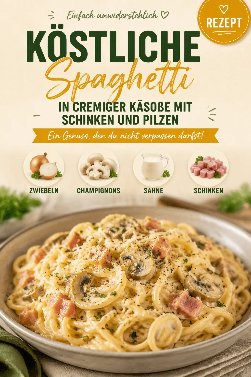 Köstliche Spaghetti in cremiger Käsesoße mit Schinken und Pilzen - Ein Genuss, den du nicht verpassen darfst!