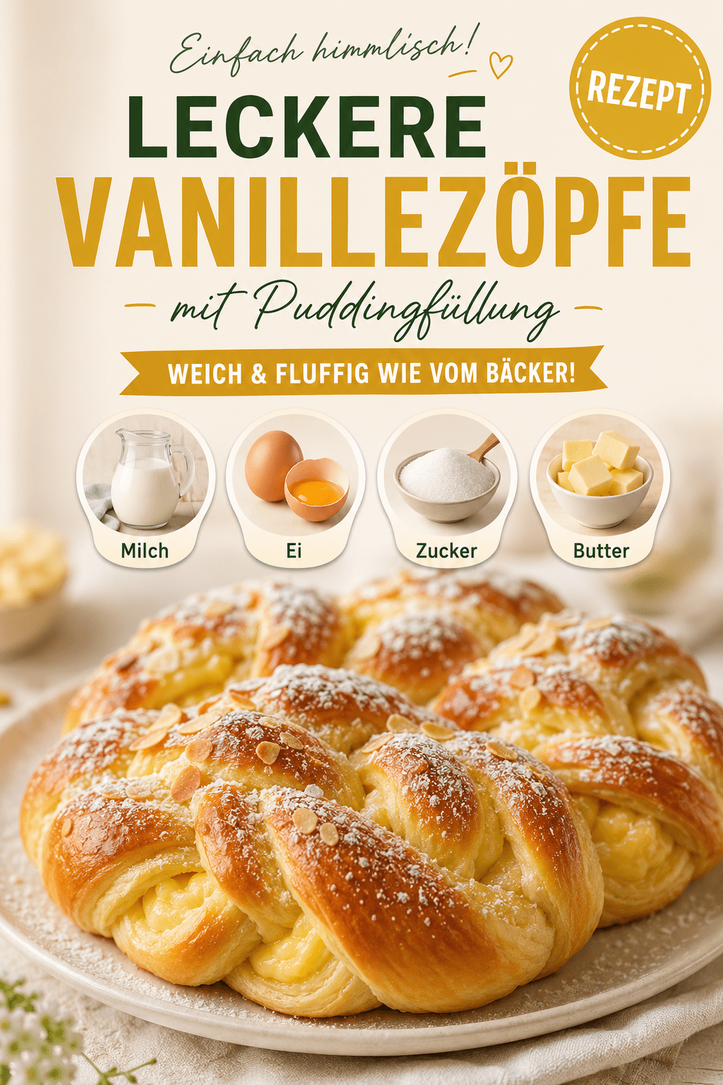 Leckere Vanillezöpfe mit Puddingfüllung - Weich & Fluffig wie vom Bäcker!