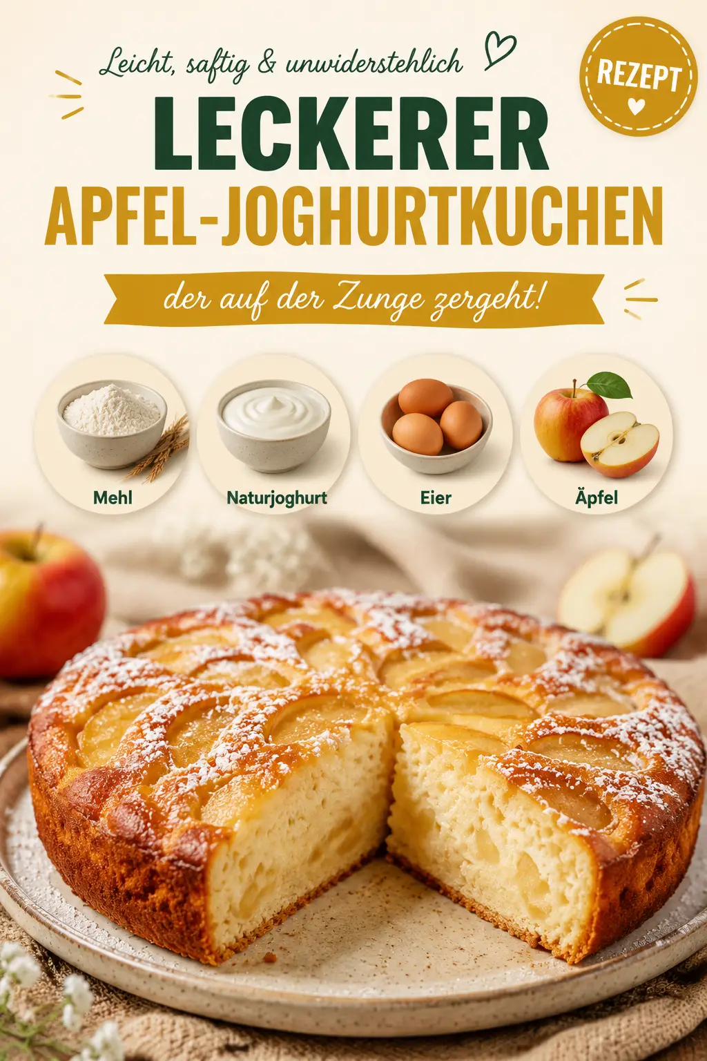 Leckerer Apfel-Joghurtkuchen, der auf der Zunge zergeht!