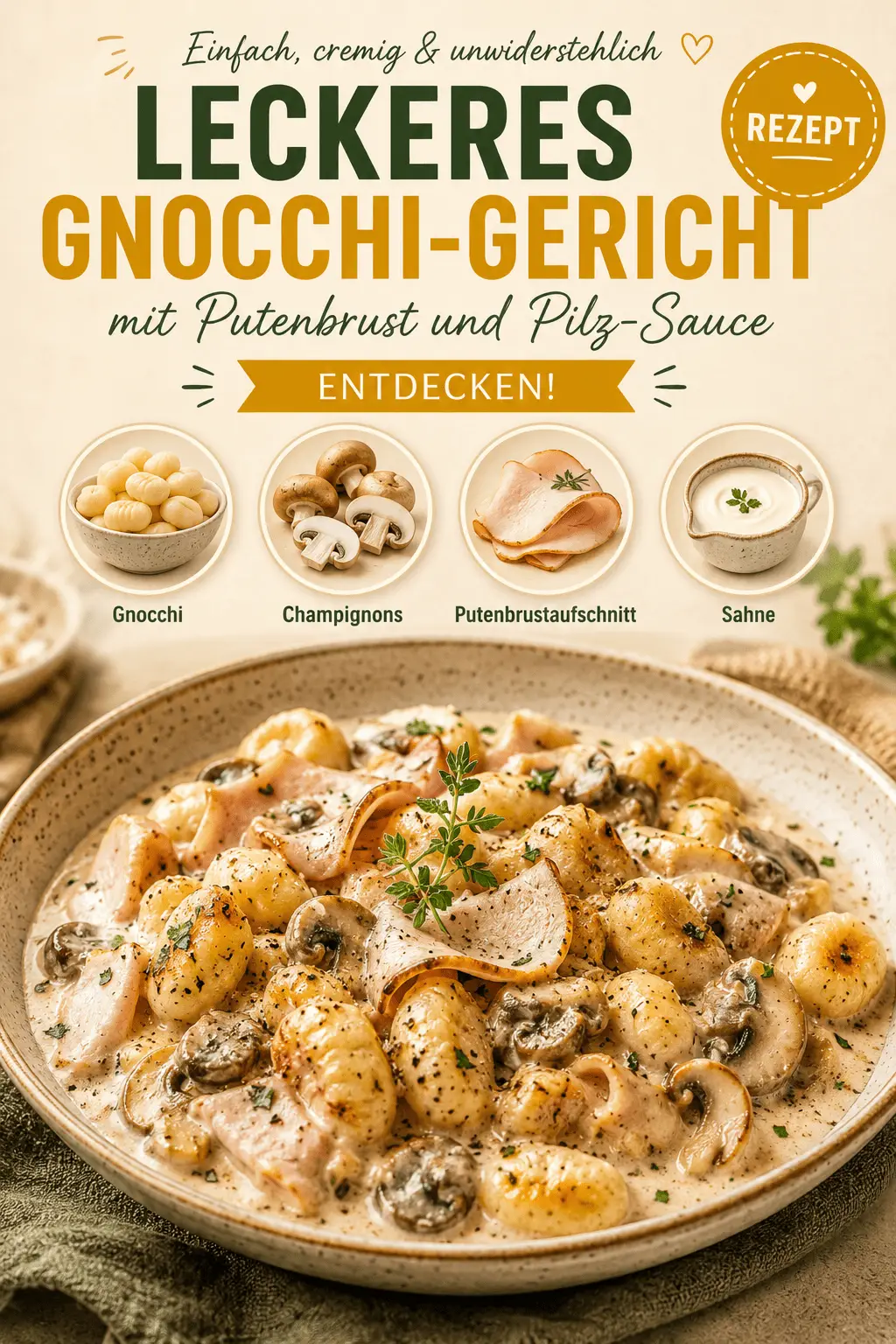 Leckeres Gnocchi-Gericht mit Putenbrust und Pilz-Sauce entdecken!