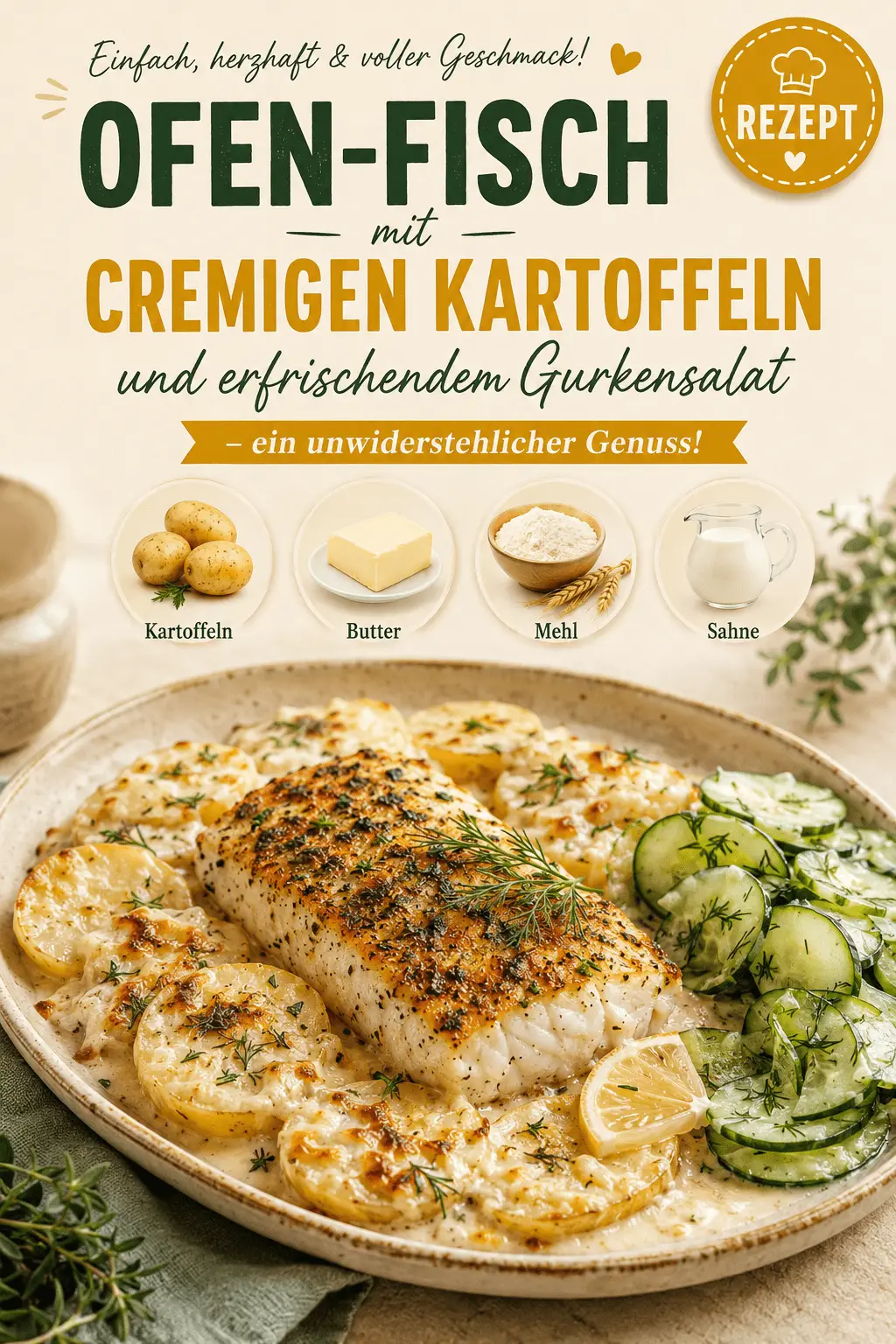 Ofen-Fisch mit cremigen Kartoffeln und erfrischendem Gurkensalat – ein unwiderstehlicher Genuss!