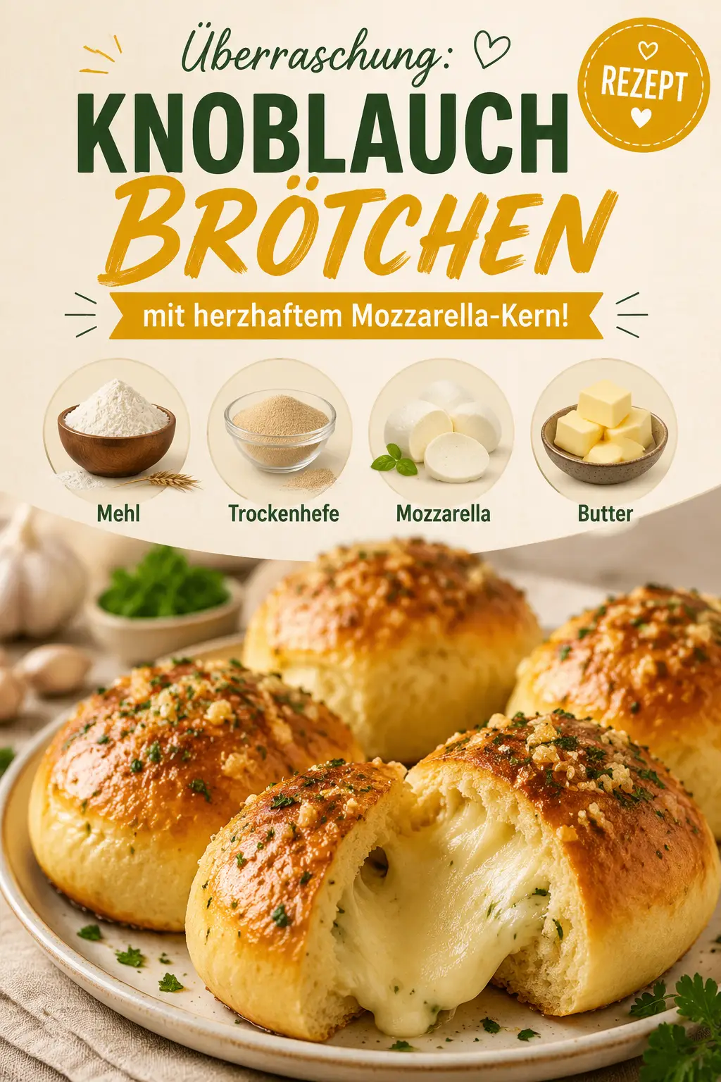 Überraschung: Knoblauchbrötchen mit herzhaftem Mozzarella-Kern!
