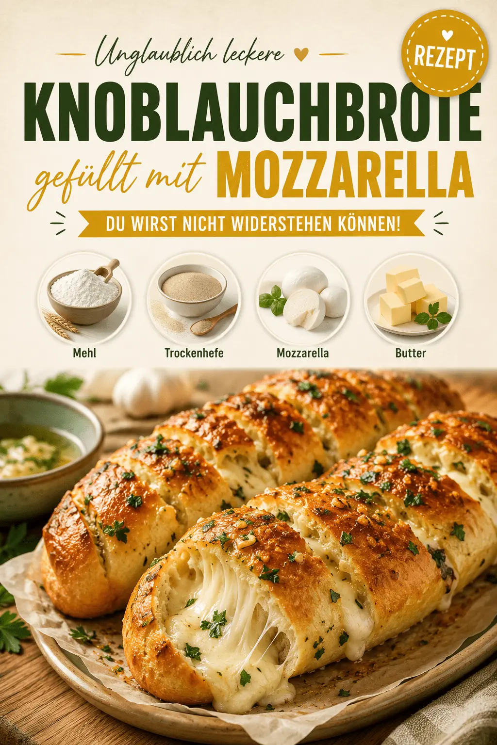 Unglaublich leckere Knoblauchbrote, gefüllt mit Mozzarella – Du wirst nicht widerstehen können!
