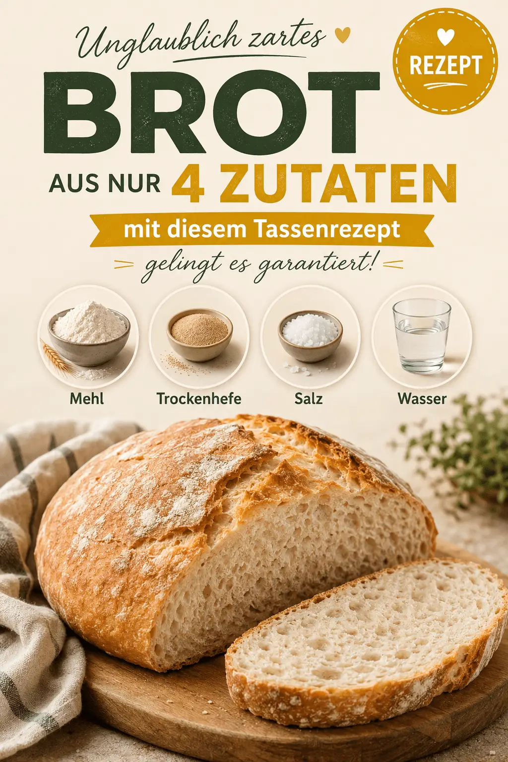 Unglaublich zartes Brot aus nur 4 Zutaten – mit diesem Tassenrezept gelingt es garantiert!