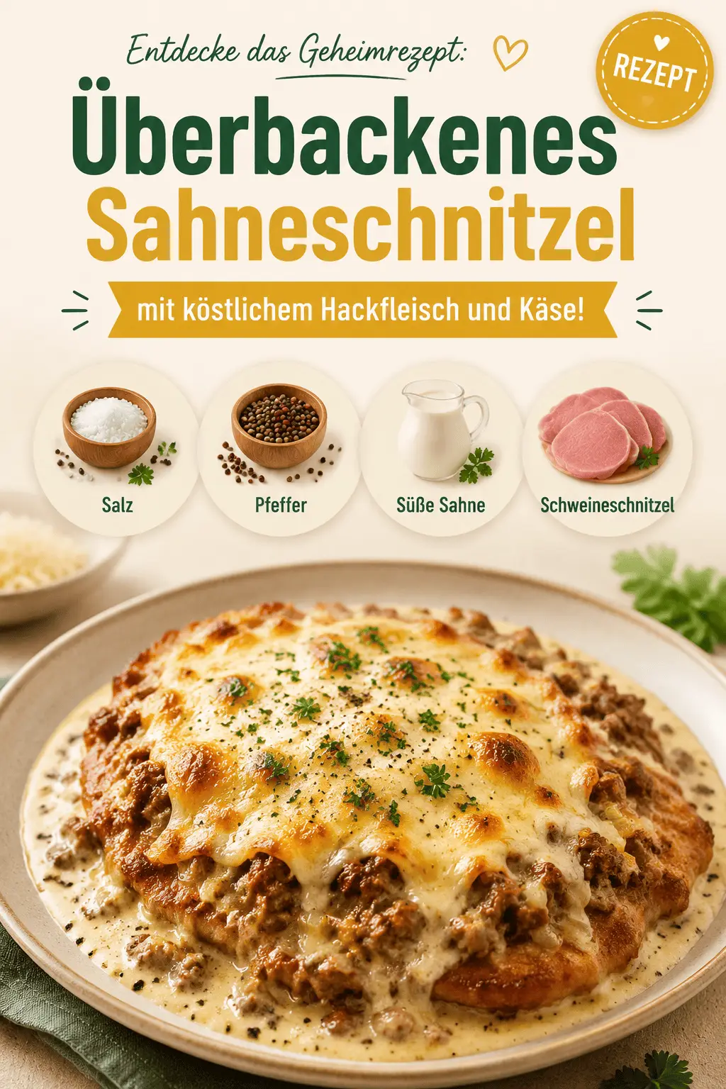 Entdecke das Geheimrezept: Überbackenes Sahneschnitzel mit köstlichem Hackfleisch und Käse!