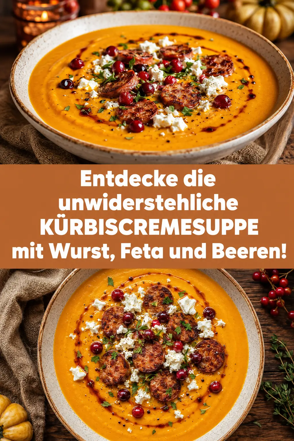 Entdecke die unwiderstehliche KÜRBISCREMESUPPE mit Wurst, Feta und Beeren!