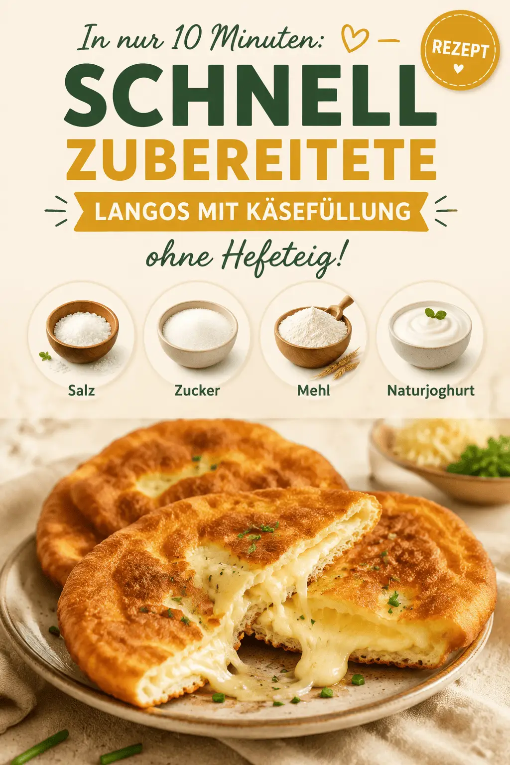 In nur 10 Minuten: Schnell zubereitete Langos mit Käsefüllung ohne Hefeteig!