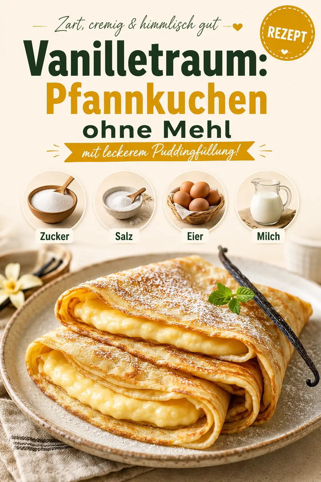 Vanilletraum: Pfannkuchen ohne Mehl mit leckerem Puddingfüllung!