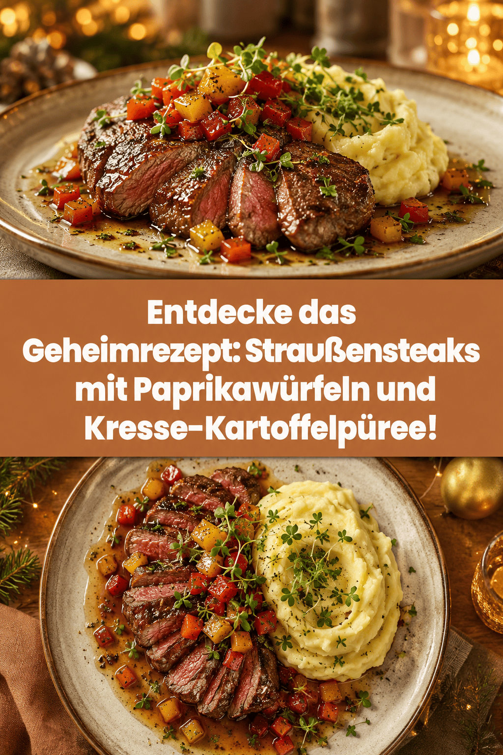 Entdecke das Geheimrezept: Straußensteaks mit Paprikawürfeln und Kresse-Kartoffelpüree!