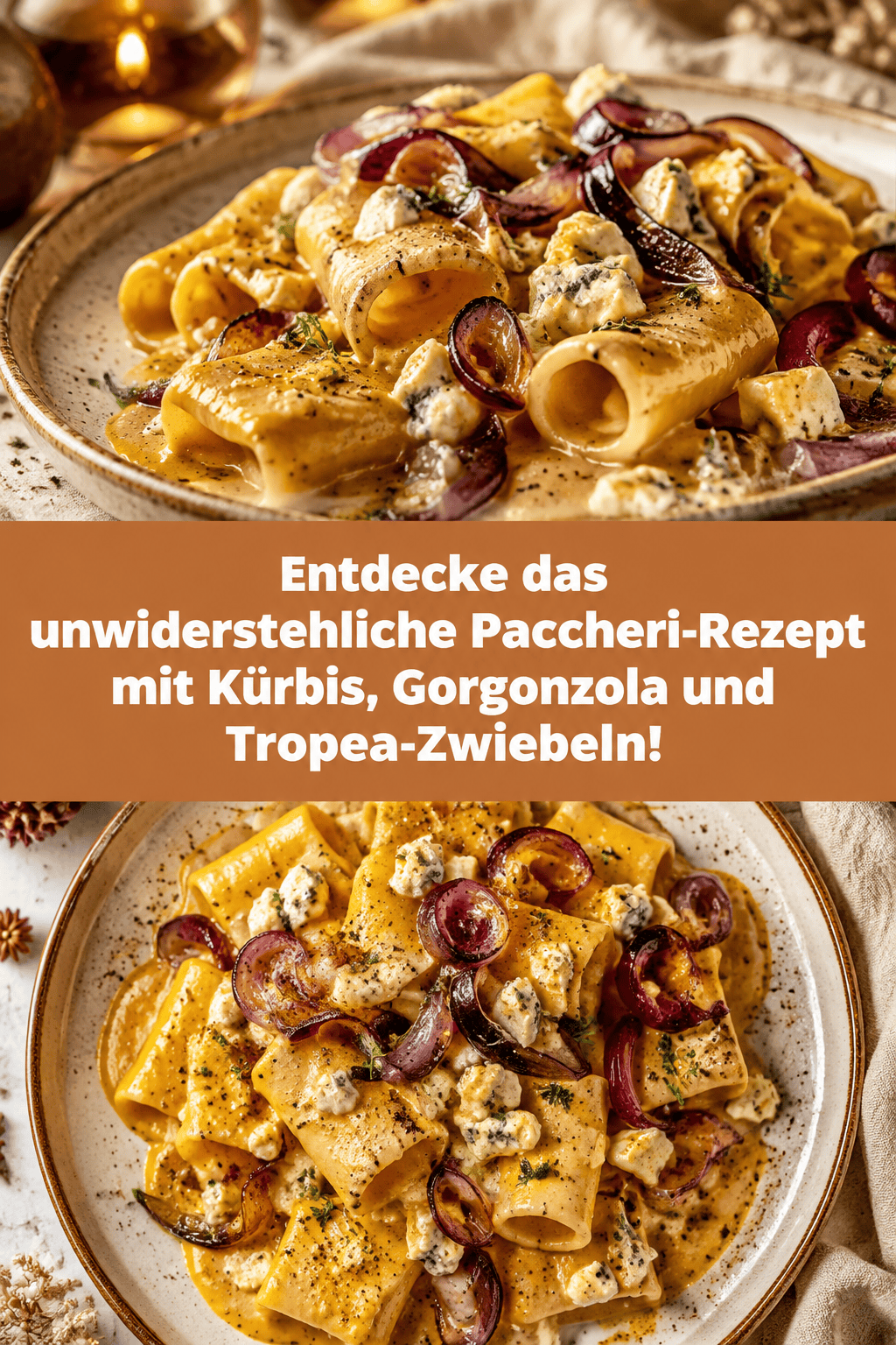Entdecke das unwiderstehliche Paccheri-Rezept mit Kürbis, Gorgonzola und Tropea-Zwiebeln!