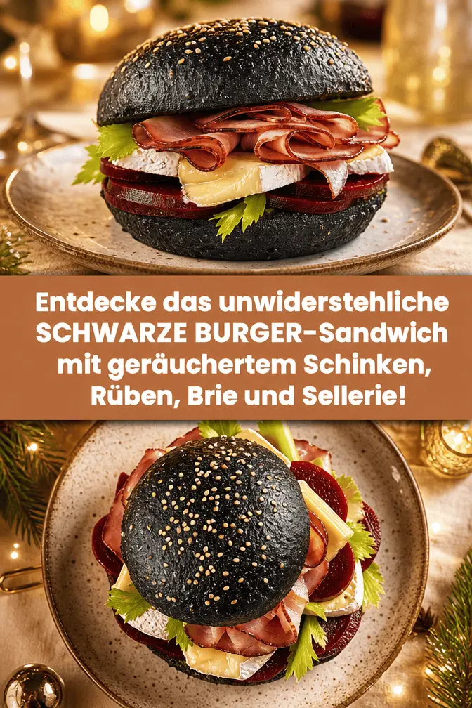 Entdecke das unwiderstehliche SCHWARZE BURGER-Sandwich mit geräuchertem Schinken, Rüben, Brie und Sellerie!