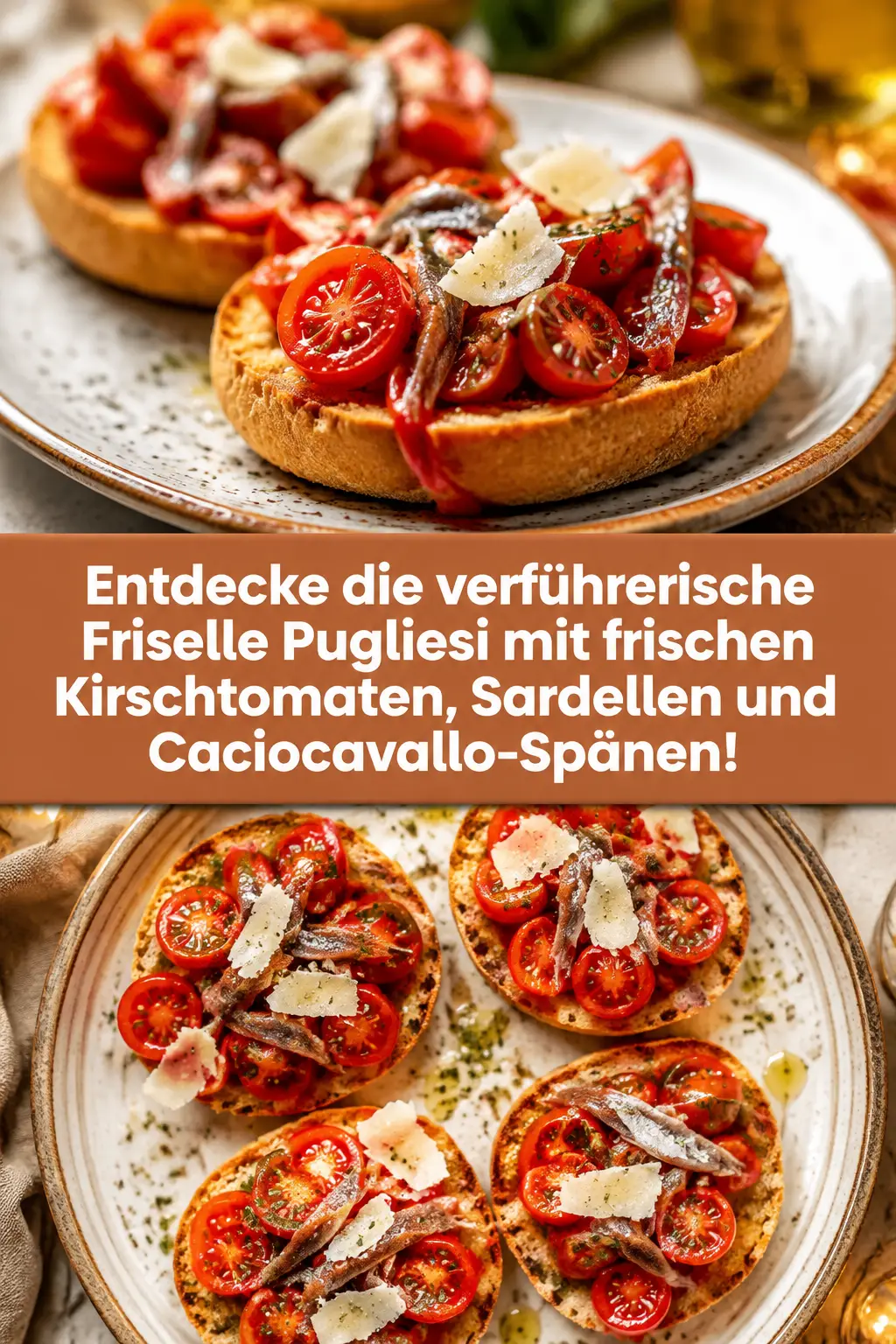 Entdecke die verführerische Friselle Pugliesi mit frischen Kirschtomaten, Sardellen und Caciocavallo-Spänen!