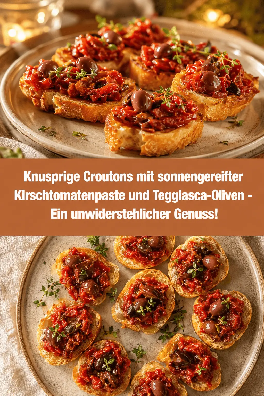 Knusprige Croutons mit sonnengereifter Kirschtomatenpaste und Teggiasca-Oliven - Ein unwiderstehlicher Genuss!