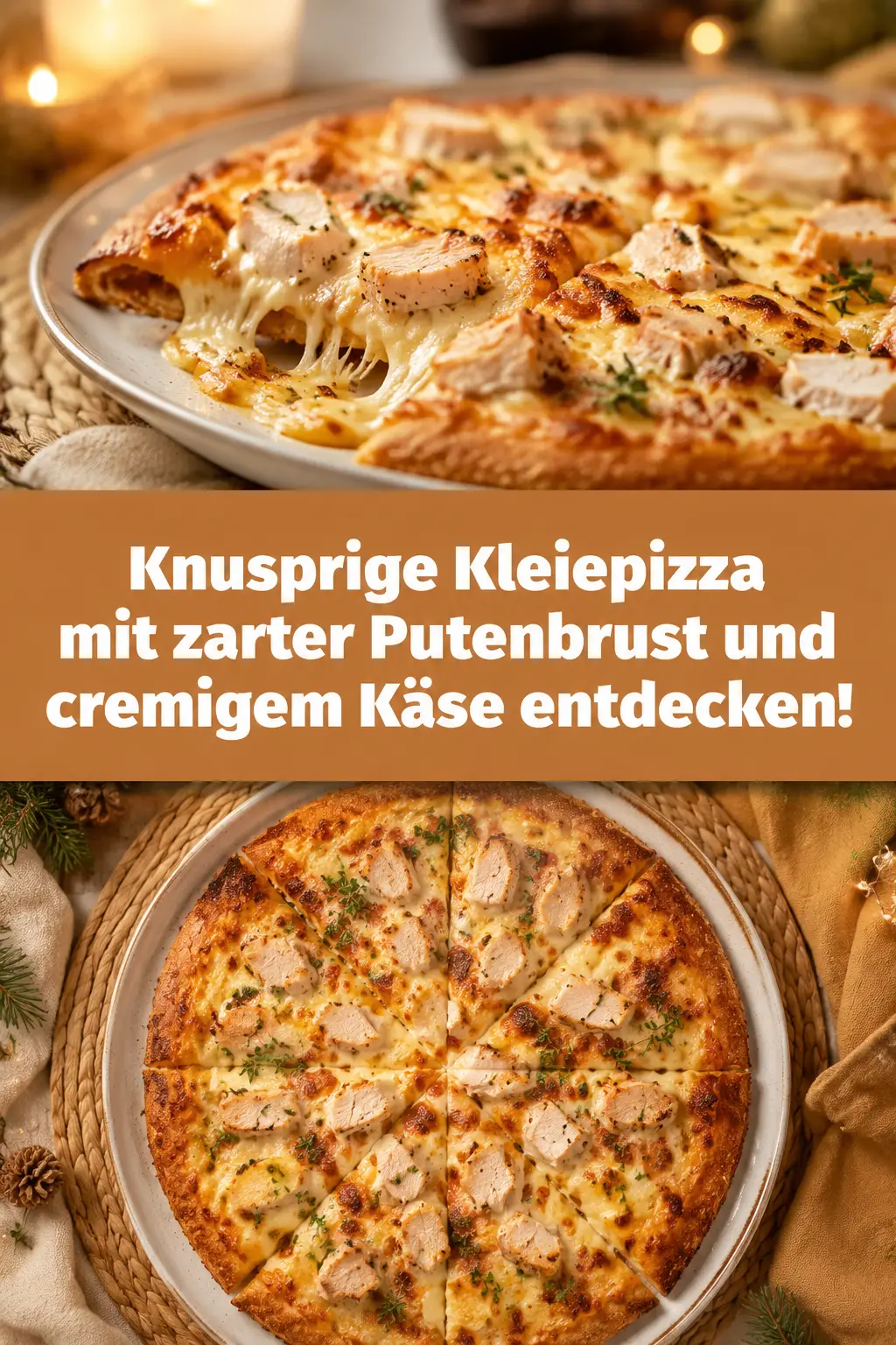 Knusprige Kleiepizza mit zarter Putenbrust und cremigem Käse entdecken!