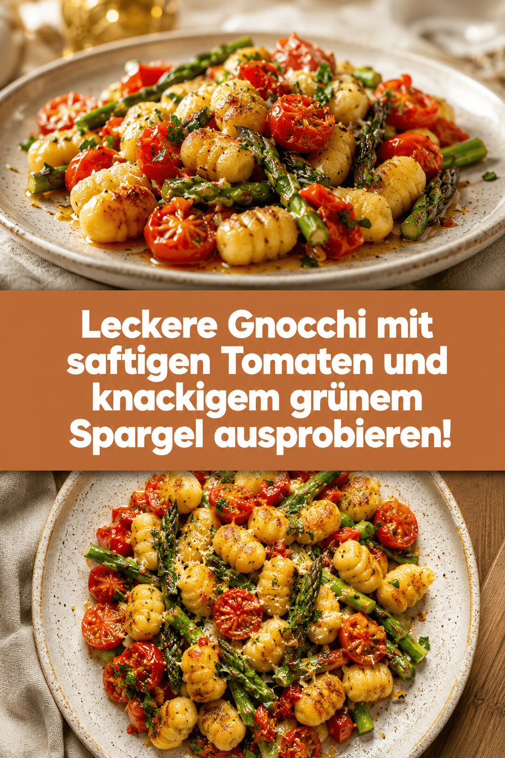 Leckere Gnocchi mit saftigen Tomaten und knackigem grünem Spargel ausprobieren!