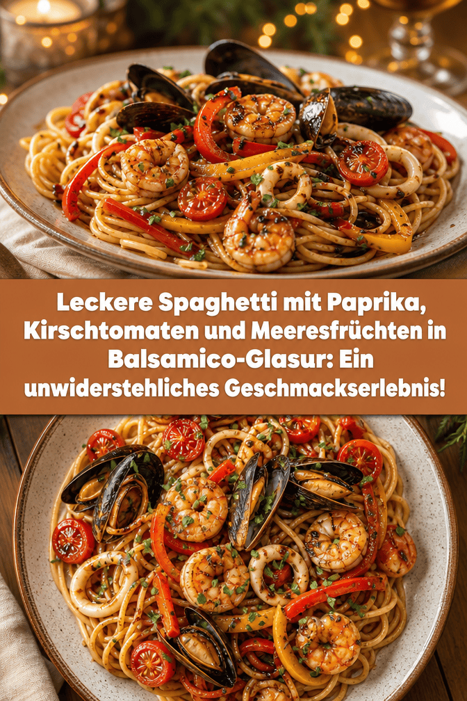 Leckere Spaghetti mit Paprika, Kirschtomaten und Meeresfrüchten in Balsamico-Glasur: Ein unwiderstehliches Geschmackserlebnis!