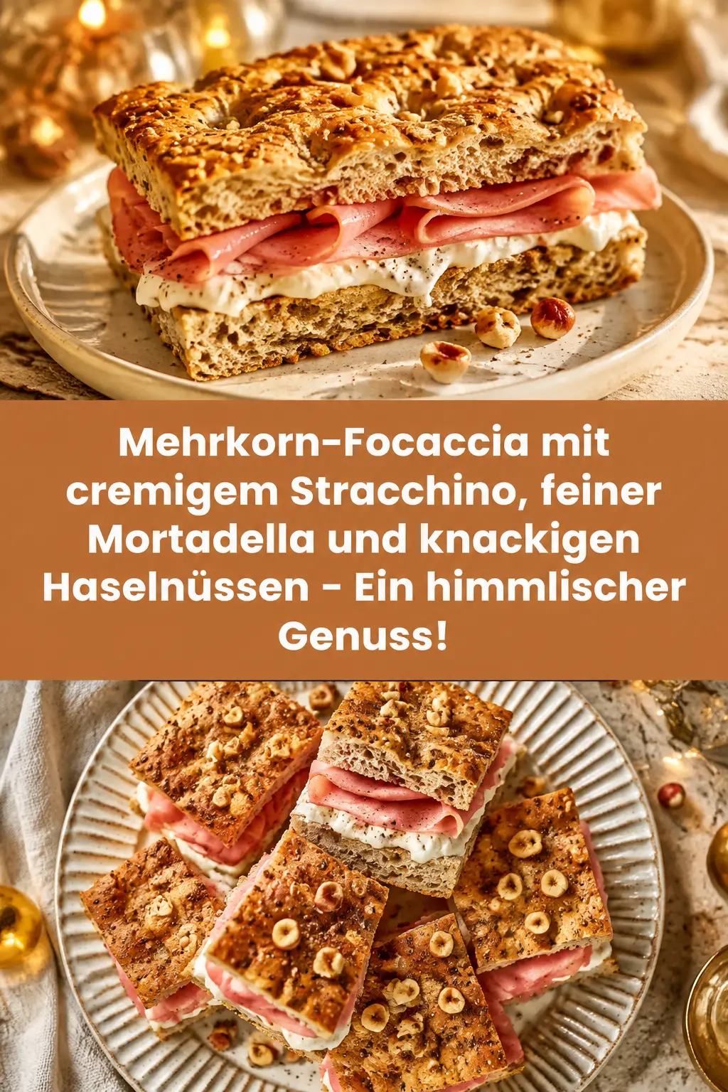 Mehrkorn-Focaccia mit cremigem Stracchino, feiner Mortadella und knackigen Haselnüssen – Ein himmlischer Genuss!