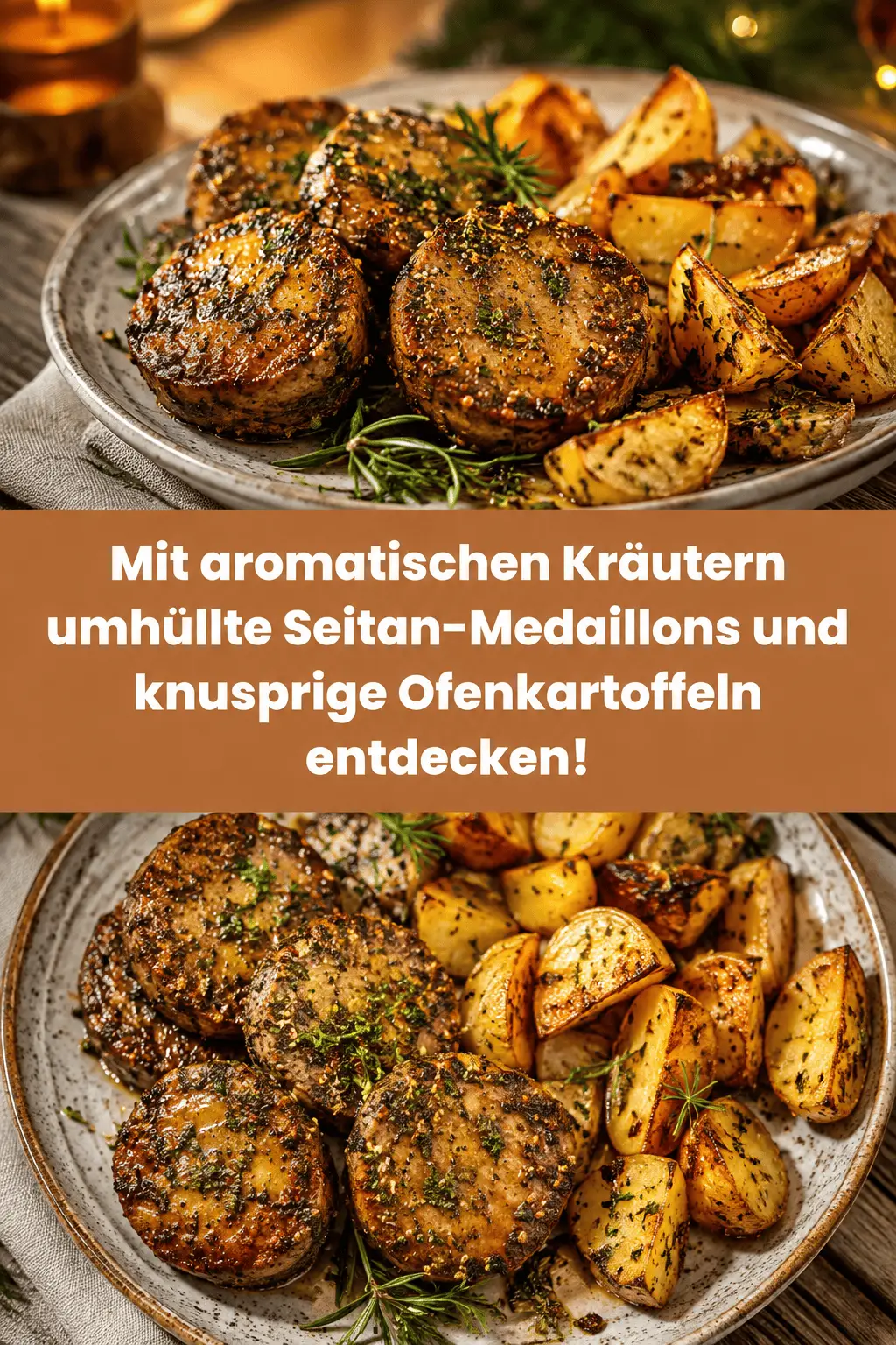 Mit aromatischen Kräutern umhüllte Seitan-Medaillons und knusprige Ofenkartoffeln entdecken!