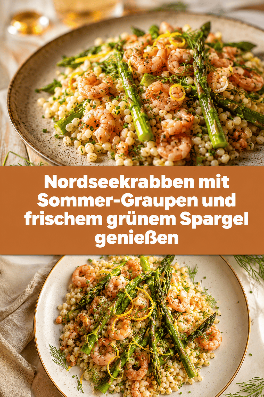 Nordseekrabben mit Sommer-Graupen und frischem grünem Spargel genießen