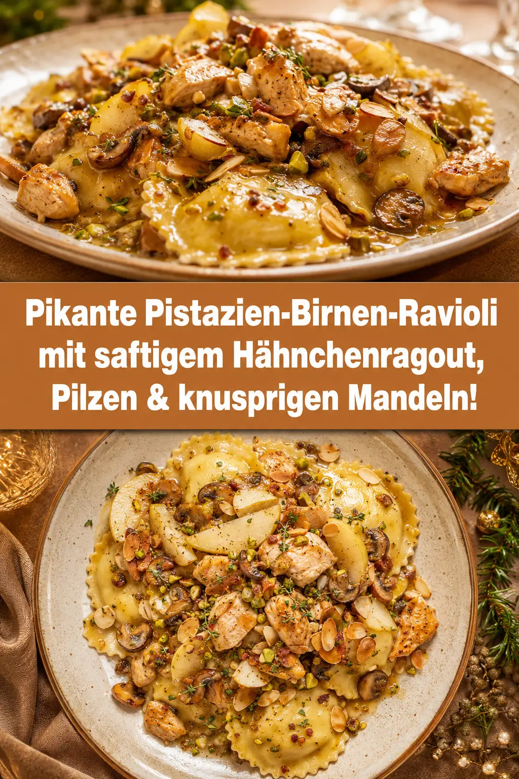 Pikante Pistazien-Birnen-Ravioli mit saftigem Hähnchenragout, Pilzen & knusprigen Mandeln!