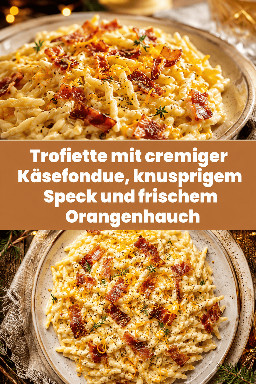 Trofiette mit cremiger Käsefondue, knusprigem Speck und frischem Orangenhauch