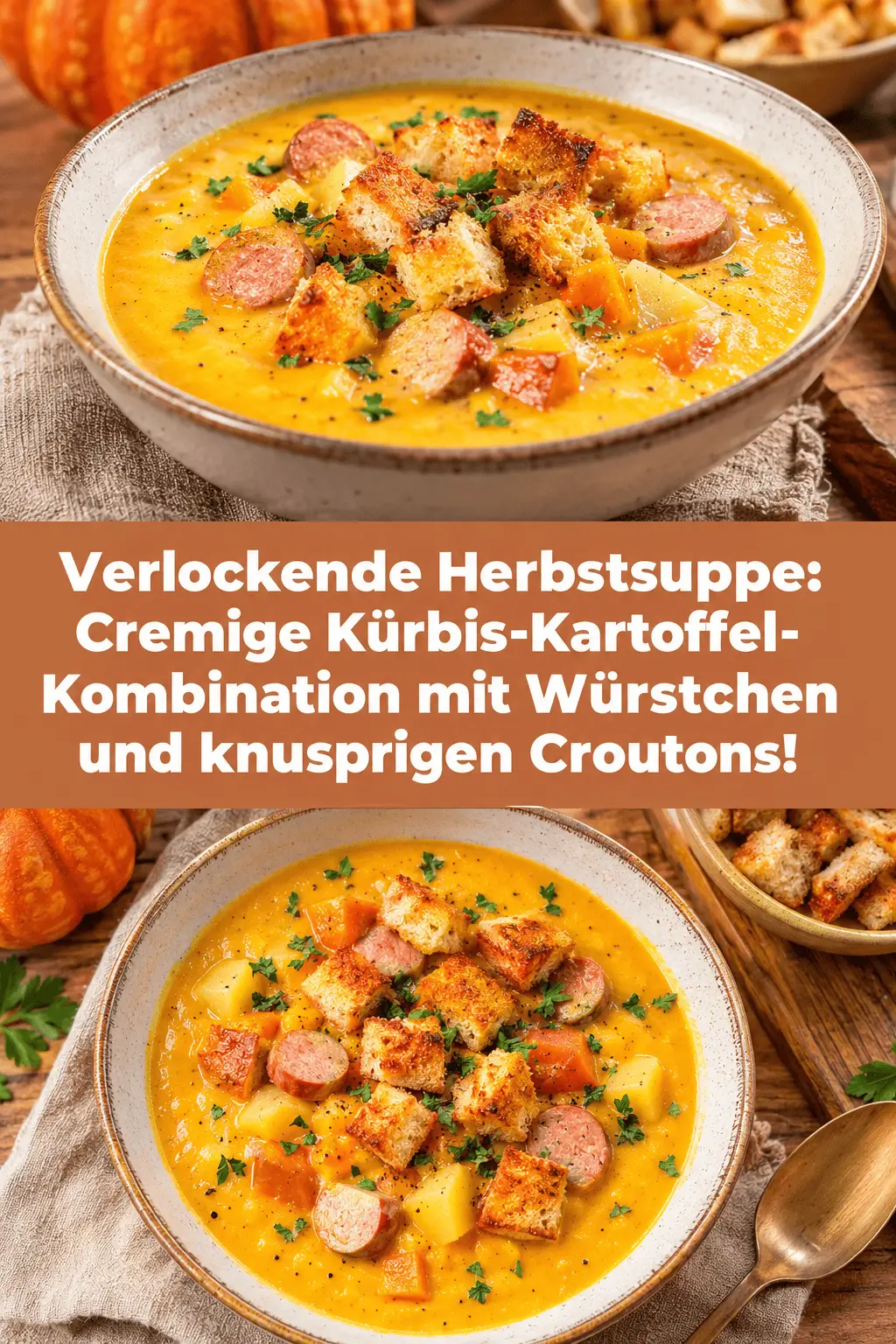 Verlockende Herbstsuppe: Cremige Kürbis-Kartoffel-Kombination mit Würstchen und knusprigen Croutons!