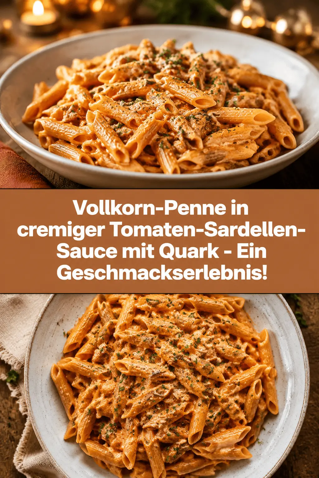 Vollkorn-Penne in cremiger Tomaten-Sardellen-Sauce mit Quark - Ein Geschmackserlebnis!